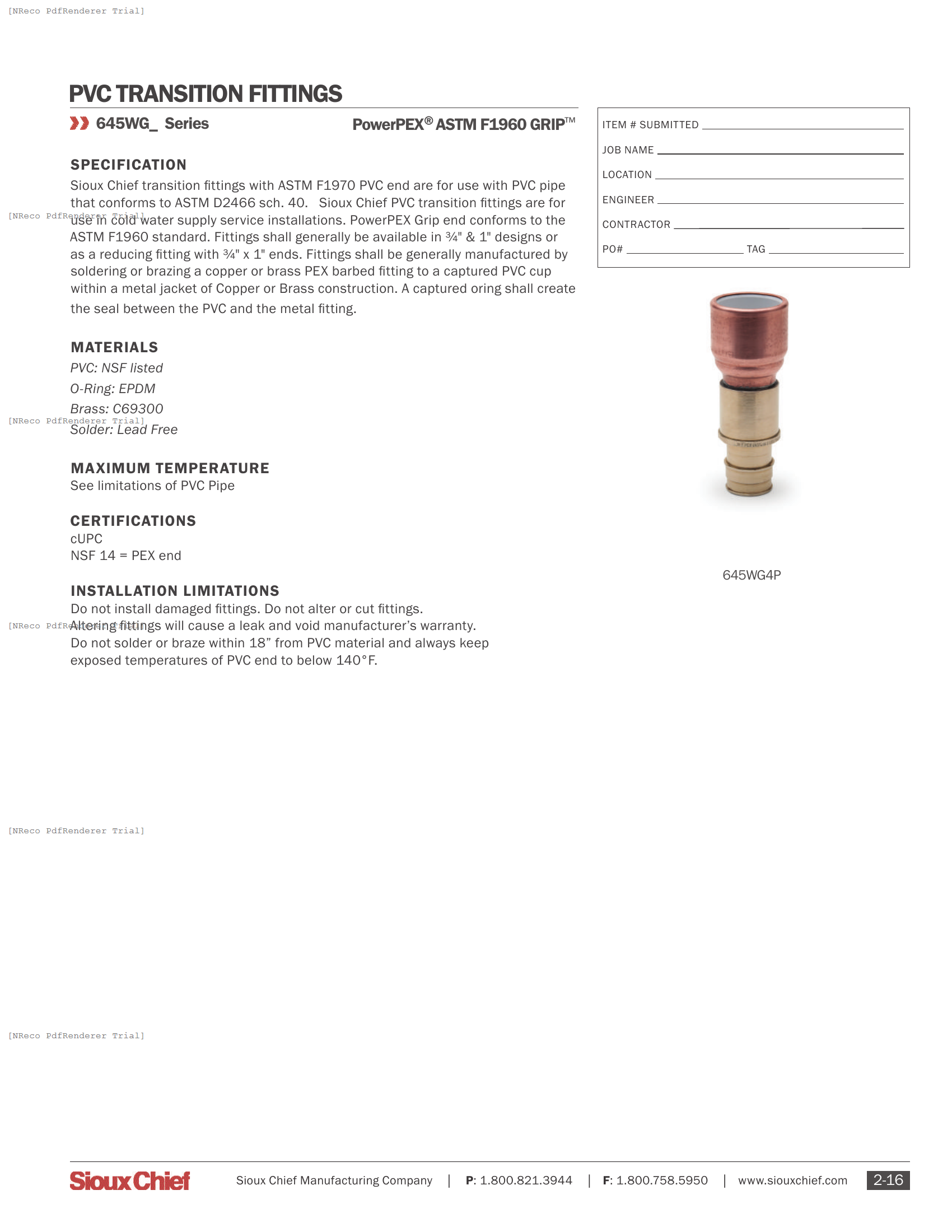 645 SERIES - PVC X F1960 TRANSITION FITTING - SPEC SHEET.PDF Specification Document